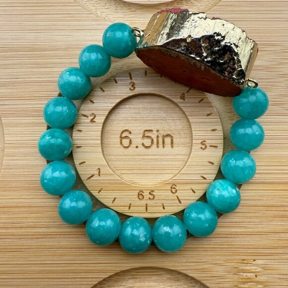 Amazonite Beaded Bracelet With Pink Druzy Statement Accent Adjustable Elastic De - Picture 7 of 7